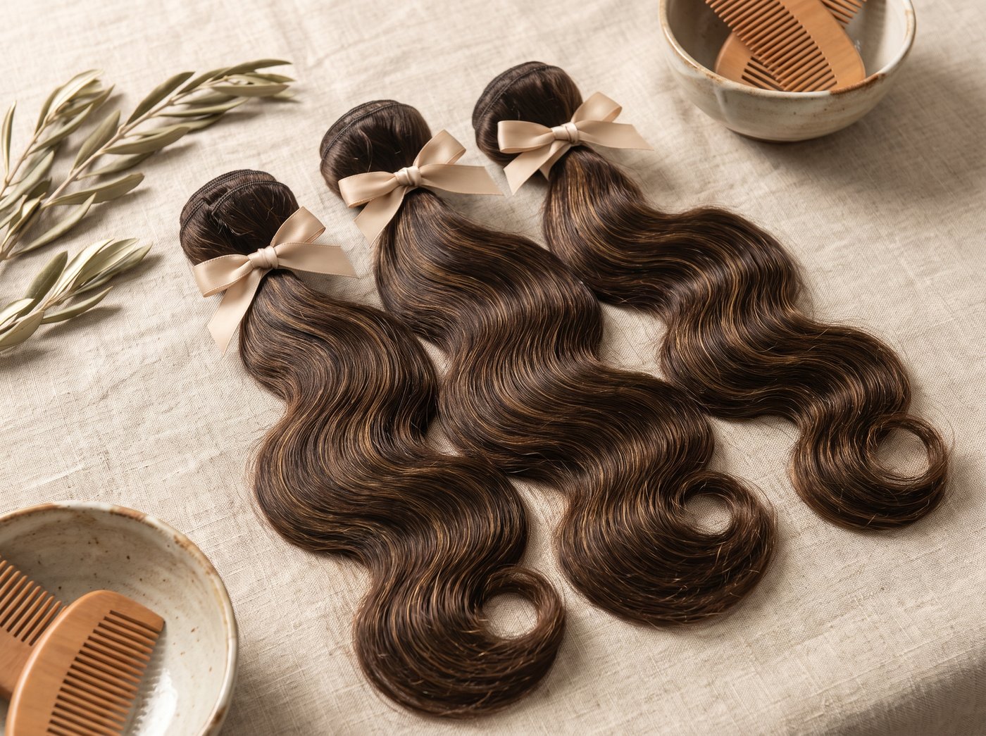 Bundles of natural virgin Remy hair on raw linen